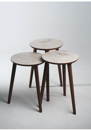 Madrid 3'lü Zigon Sehpa %100 Mdf Yuvarlak Buz Gri Mermer Desen