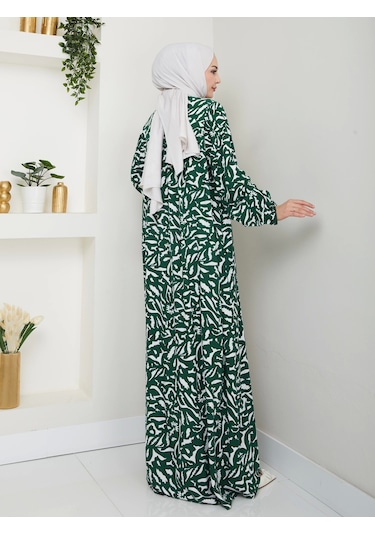 Desenli Önü Büzgülü Viskon Elbise - Yeşil / E0131 Yeşil