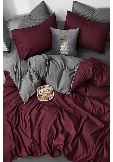 More Home Çift Kişilik Nevresim Takımı Lastikli Çarşaflı Bordo-Antrasit