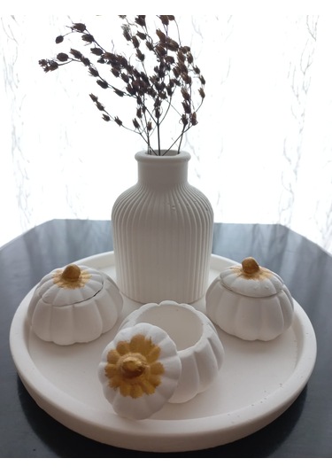 Tabakta 3'lü Mini Balkabağı Vazo Dekoratif Set Beyaz 03