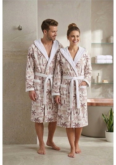 Tropical Breeze Pamuklu Desenli Kapüşonlu Bornoz Kahverengi Palmiye