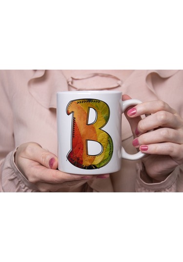 B Harf Yaprak Renkleri İle Kupa Bardak - Kişiye Özel Alfabe Harfli Bardak - Hediye Beyaz