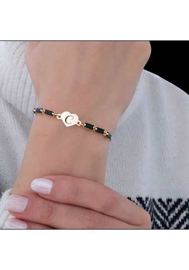 Archin C Harfine Özel Siyah Taş Desenli 14 Ayar Altın Plakalı Kalp Figürlü Hediye Bileklik-351harf C