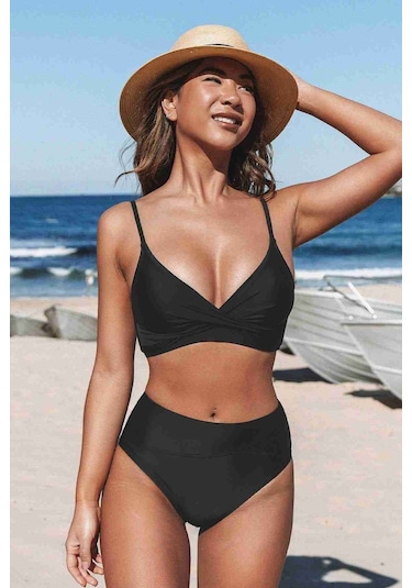 Angelsin Özel Tasarım Önden Çarpraz Bikini Üstü Siyah 001