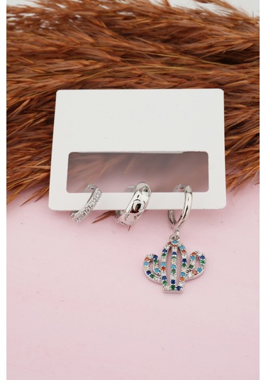 Kadın Kararmaz Altın Kaplama Kaktüs Figürlü 3'Lü Zirkon Set Küp Gümüş-M