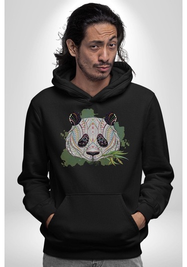 Panda Mandala Kadın Erkek Siyah Kapüşonlu Sweatshirt Hoodie Siyah