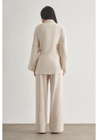 Mizalle Keten Karışımlı Anvelop Bağlı Bej Rengi Kimono Ceket Bej