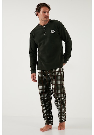 Buratti Regular Fit Bisiklet Yaka Kışlık Yumuşak Dokulu Polar Erkek Pijama Takımı 6096100 Haki