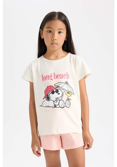 DeFacto Kız Çocuk Snoopy Pijama Takımı Kısa Kollu Üst Beli Lastikli Kısa Şort D9831A824WNER99 Ekru