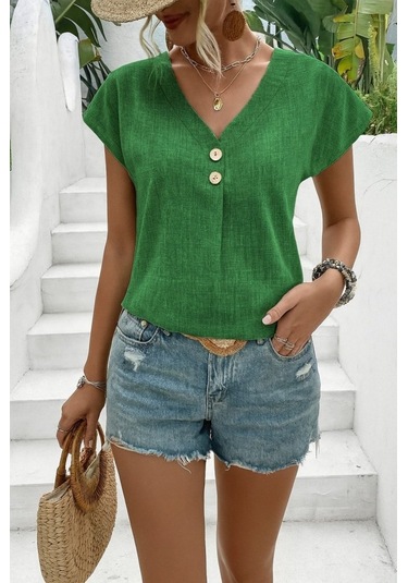 Reka Moda Kadın Kısa Kollu V Yakalı Düğmeli Keten Bluz Yeşil