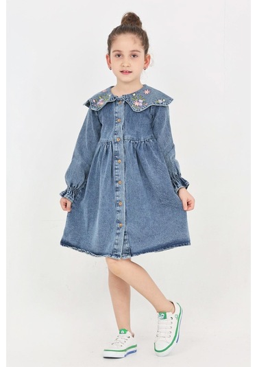 Kız Çocuk Yaka Detaylı Ve Boydan Düğmeli Jean Elbise 12339 İndigo
