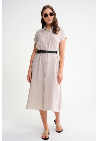 4453 Kadın Keten Cepli Midi Kemerli Elbise Taş Taş