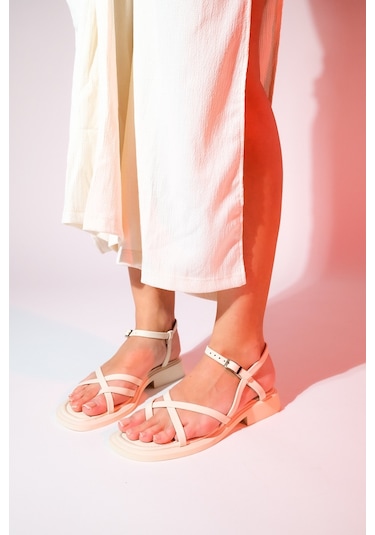 Luvishoes Antas Bej Hakiki Deri Kadın Parmak Arası Sandalet Bej