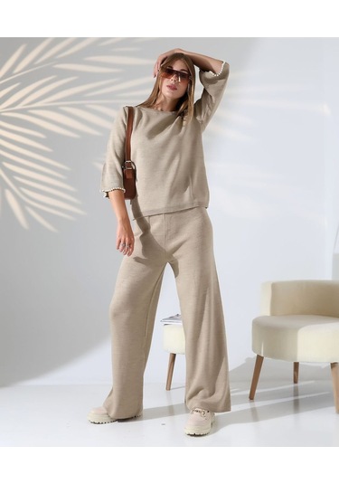 İnci Volanlı Kol Detaylı Triko Takım Vizon