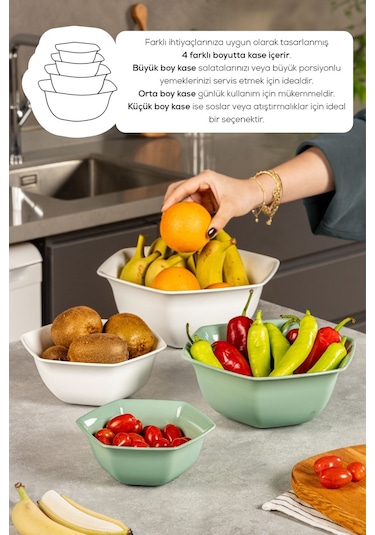 Vienev 4lü Altıgen Kase Seti Beyaz-yeşil