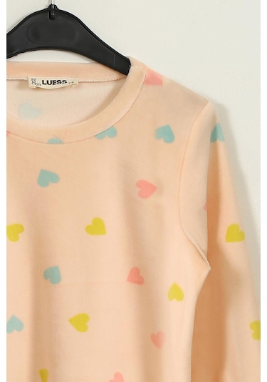 Luess Kız Çocuk Termal Soft Pembe Kalpli Pijama Takımı-Pembe