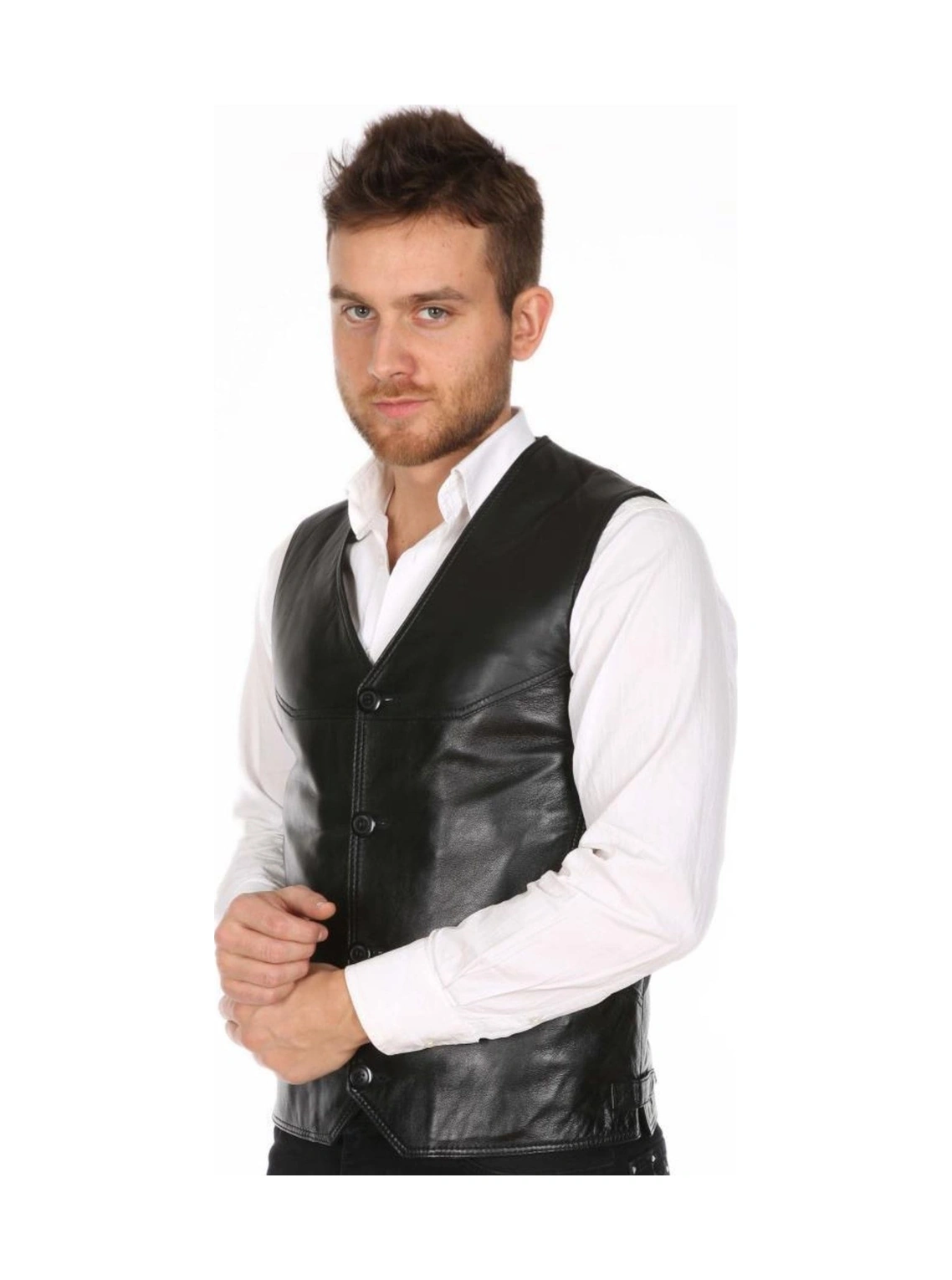 Hakiki Deri Siyah Portes Düğmeli Erkek Deri Yelek Siyah