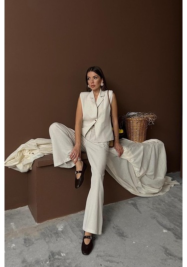 Sensuelle Bej Keten Yelek Pantolon Takım Bej