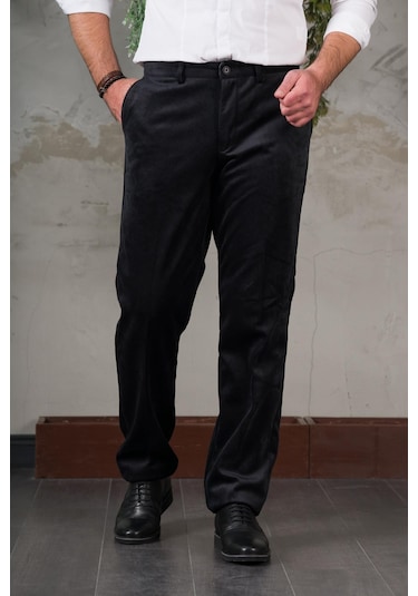 İnce Fitilli Regular Kesim Boru Paça Erkek Kadife Pantolon siyah Siyah
