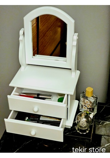 Ahşap Hareketli Aynalı Beyaz Lake Takı Ve Makyaj Organizeri