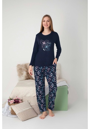 Kadın Bisiklet Yaka Düğmesiz Dökümlü Viskon Mevsimlik Uzun Kol Cepli Pijama Takımı Lacivert Mavi