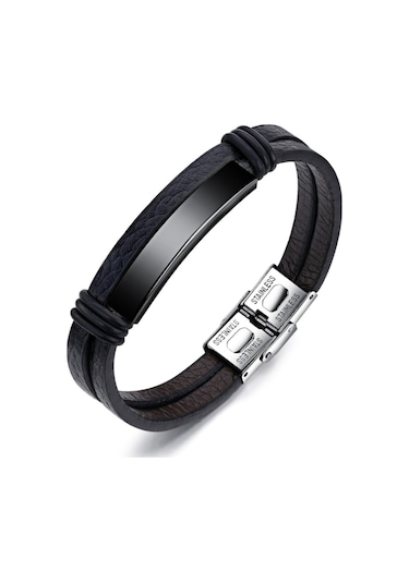 Ehediye Chavin Parlak Siyah Çelik Ve Deri Çelik Erkek Bileklik Dy76Sy Siyah