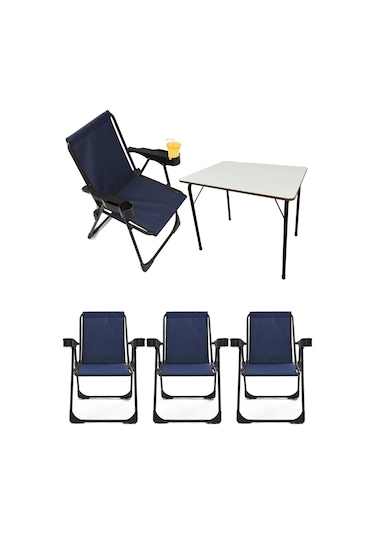 Silva 4 Adet Kamp Sandalyesi Bardaklıklı Lüks Lacivert + MDF Masa Lacivert