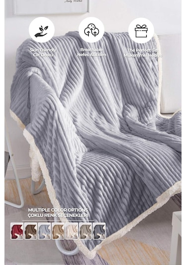 Sherpa Battaniye Çift Kişilik Çizgili Yumuşak Peluş Wellsoft Yatak Örtüsü Gri