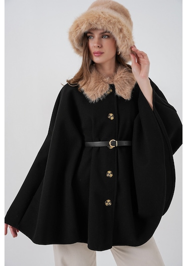 Kadın Kemerli Kaşe Panço 9165 - Siyah Siyah