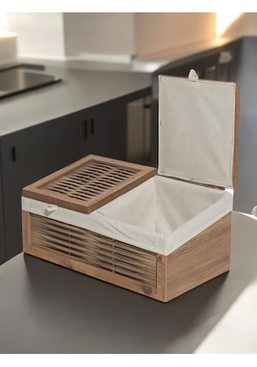 Ahşap 2 Kapaklı Ekmek Sepeti Yıkanabilir Kumaşlı Atlantik Çam Ahşap