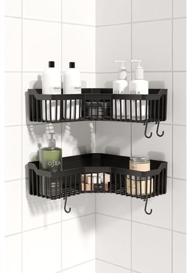 Köşe Yapışkanlı Banyo Rafı, 2 Parça Banyo Düzenleyici, Duş Rafı Gri - Siyah
