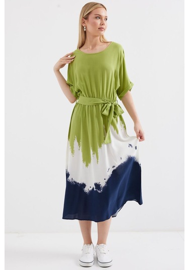 Yeni Sezon Kadın Yuvarlak Yaka Kısa Kollu Viskon Elbise