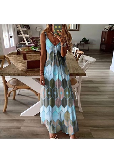 Gökyüzü Mavisi Kadın Etek Yaz Gündelik Baskı Yular Tank Elbise Uzun Elbise