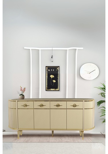 Maya Cappuccino Gold Lüks Konsol 4 Kapaklı Şerit Detaylı Metal Ayaklı Tasarım 180x45x84 Cm