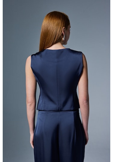 Sateen Klasik Düz Yelek - Lacivert-137032 Lacivert
