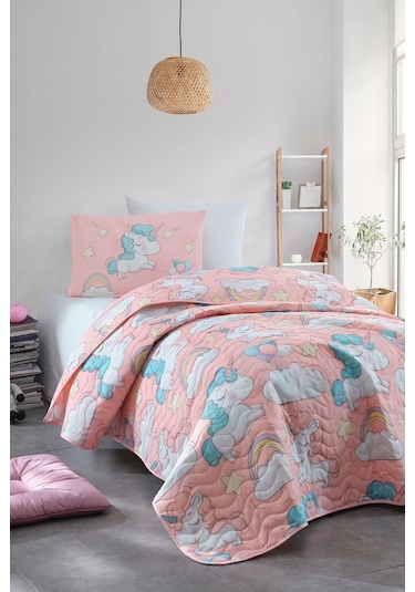 Enlora Home Kapitone Yatak Örtüsü Seti Tek Kişilik Unicornio Pembe