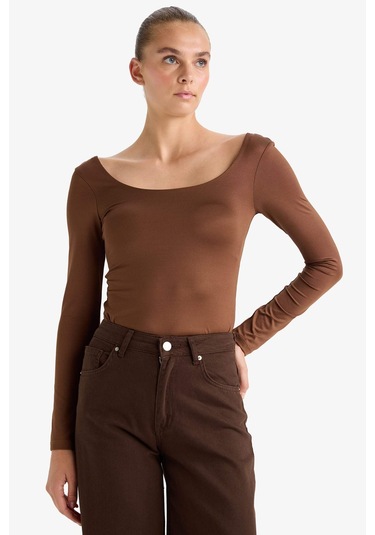 Defacto Kare Yaka Uzun Kollu Çıtçıtlı Body G1403ax25aubn321 Kahve