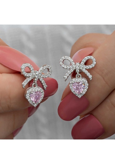 Gümüş Fiyonk Pembe Taşlı Kalpli Çivili Kadın Küpe Çok Renkli
