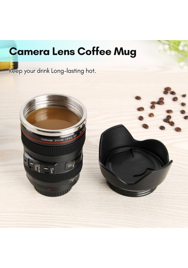 Honmex Kamera Lens Tasarım 400ml Paslanmaz Çelik Termos Bardak, Düşük Sızıntı, Kahve/çay İçin, Siyah Siyah