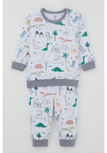Breeze Erkek Bebek Eşofman Takım Omuzdan Patlı Sevimli Dinozorlar Desenli 4 Ay-1 Yaş, Beyaz Beyaz