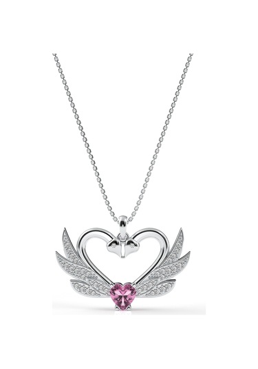 925 Ayar Zirkon Taşlı Rodyum Birleşen Kuğular Kalp Motifli Gümüş Aşk Kolyesi Gümüş - Rodyum