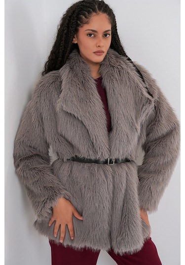 Kadın Kemerli Oversize Kürklü Kaban 9156 - Füme Füme