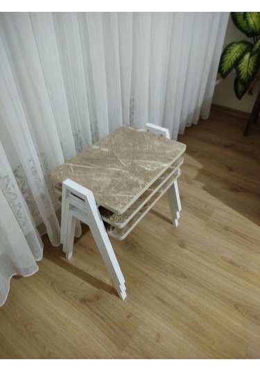 Zigon Sehpa 3'lü Mermer Desenli Tepsi Model Açık Mermer Desen Beyaz Ayak Mermer Desenli