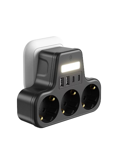 Çoklu Gece Lambalı Priz Yüksek Gerilim Korumalı 3'lü Priz 2x Usb 2x Type-c Çıkışlı Grup Priz Çoğaltıcı 0