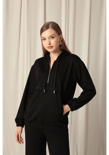 Saklımoda Modal Kumaş Fermuarlı Kadın Siyah Sweatli Takım Çok Renkli