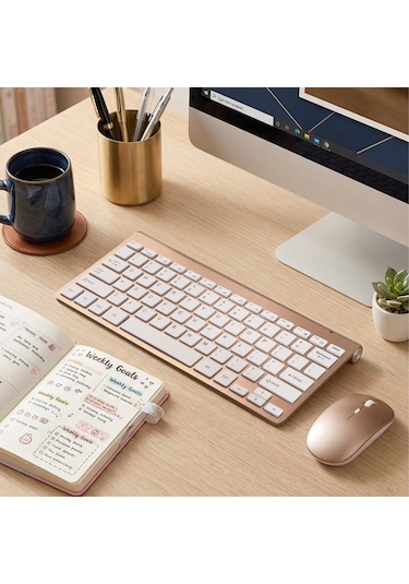 Premium Gold Klavye Mouse Seti - Sessiz Kablosuz Mini - Altın Serisi Optik