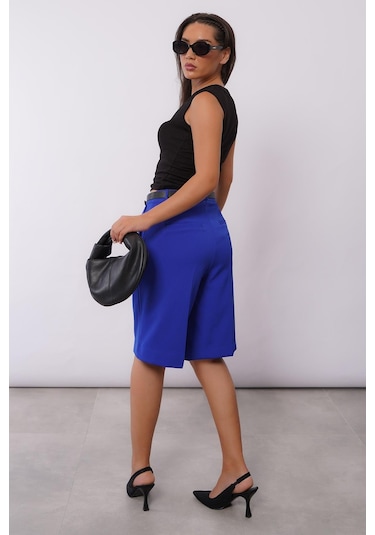 Madmext Saks Pileli Kadın Bermuda Şort Mg2483 Saks