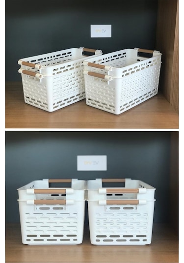 Bayev 4 Adet Beyaz Ahşap Renk Saplı Buzdolabı Mutfak Düzenleyici Banyo Düzenleyici Organizer Sepet Beyaz