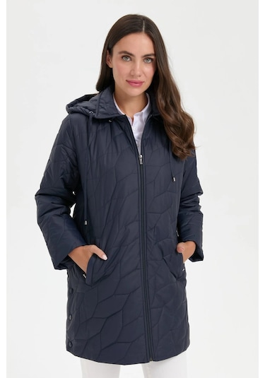 Desen Triko Kadın Yanları Çıtçıtlı Yaprak Desenli Kapüşonlu Araboy Kapitone Kaban 24419 Lacivert Lacivert