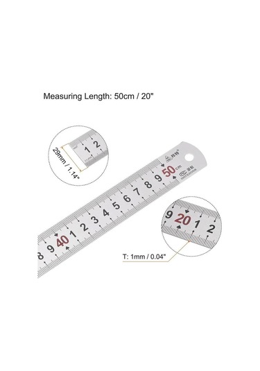50cm 20 İnch - Çift Taraflı Paslanmaz Çelik Metal Cetvel - Kalınlık 1mm
